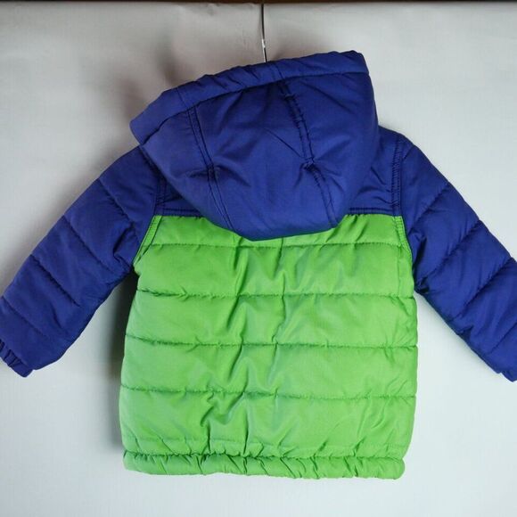 Little Me Baby Boys' 12M Quilted Puff Jacket Green Fleece Lined Front Zip Hood - Picture 6 of 11